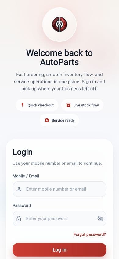 AutoParts Flutter mobile app login screen